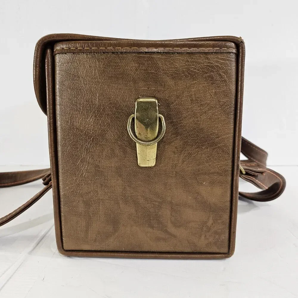 Vintage Brown Leather Camera Case Hard Shell Retro Travel Bag w/ Strap